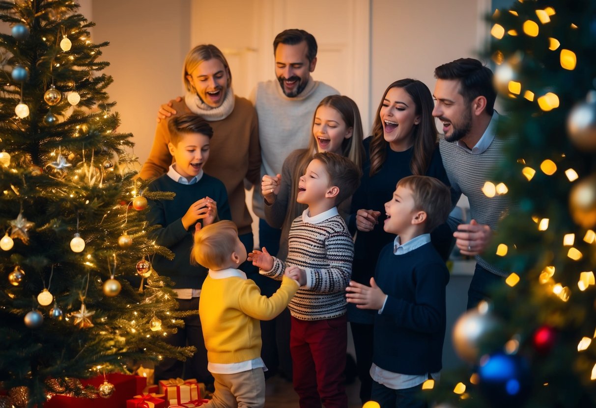 En familie samles omkring et glødende juletræ synger sange fra julesange dk og skaber en magisk atmosfære på juleaften